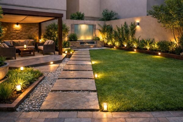 حديقة منزلية بتقسيم جلسة مظللة وممر حجري وثيل أخضر في اشبيلة الكويت