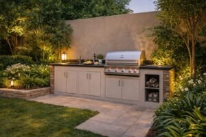ركن شواء خارجي نظيف في حديقة الرحاب مع سطح عمل وتخزين