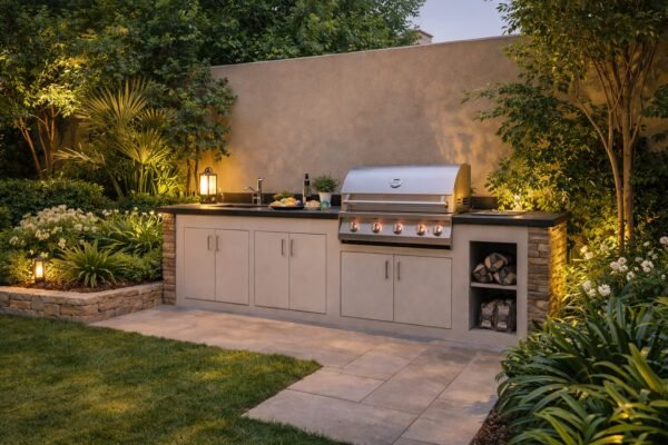 ركن شواء خارجي نظيف في حديقة الرحاب مع سطح عمل وتخزين