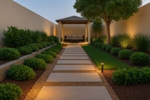 حديقة في هدية بممر حجري متدرج وجلسة مظللة وإنارة أرضية