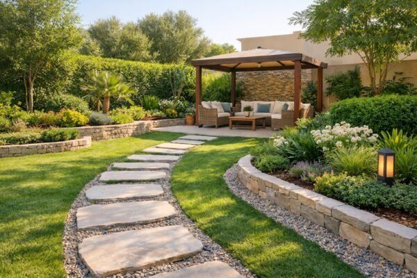 حديقة الرحاب بتصميم مقسّم إلى مشاهد مع ممر حجري وجلسة مظللة