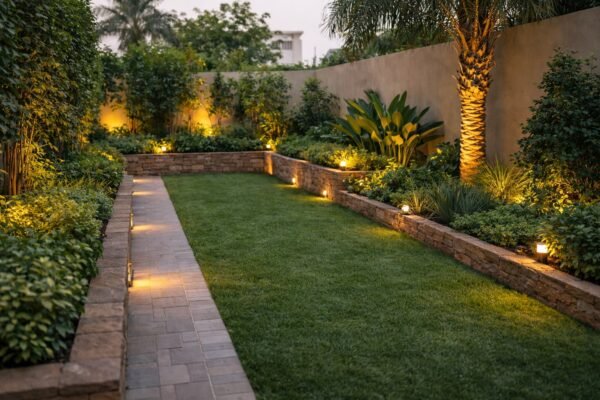 تنفيذ حديقة منزلية في الدوحة الكويت بثيل وأحواض حجرية ونخلة مضاءة