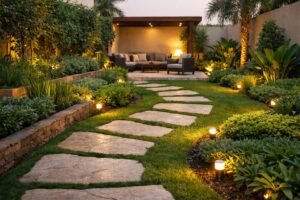 حديقة منزلية عصرية في الدوحة الكويت بممر حجري وثيل أخضر