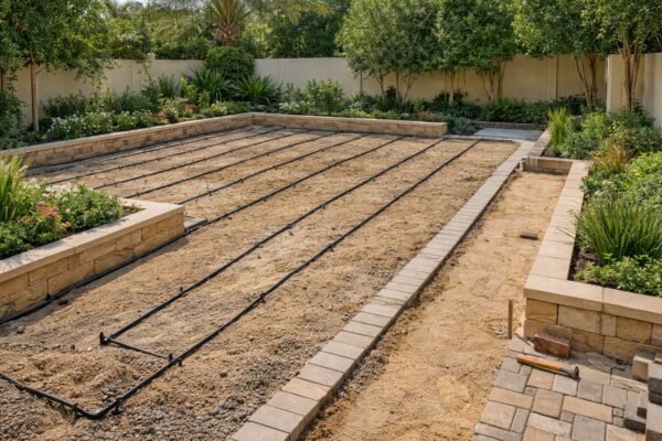 قاعدة ثيل مجهزة في الزهراء مع شبكة ري ظاهرة وحدود ممر إنترلوك قيد التركيب