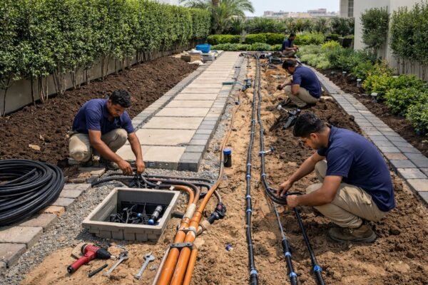 ورشة تنسيق حديقة بكاظمة مع تمديدات ري وكهرباء