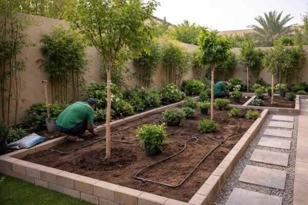 مرحلة تنفيذ تنسيق حديقة وزراعة أشجار وشجيرات مع تمديدات ري منظمة