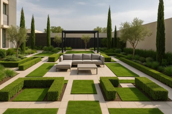 جلسة خارجية عصرية داخل حديقة هندسية متناظرة