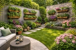 حديقة صغيرة مع مزارع عمودية وأحواض زهور مرتبة بعناية
