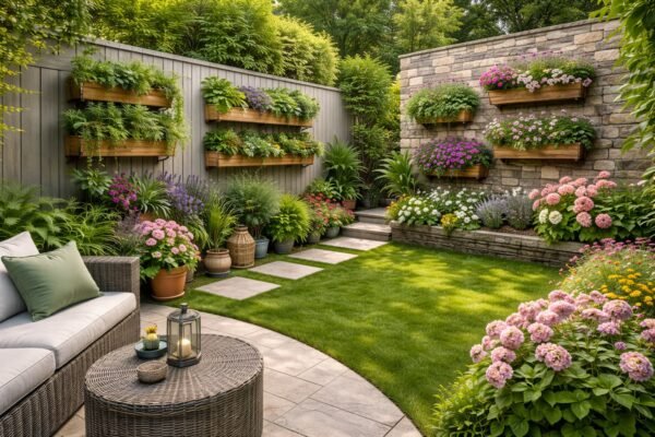 حديقة صغيرة مع مزارع عمودية وأحواض زهور مرتبة بعناية