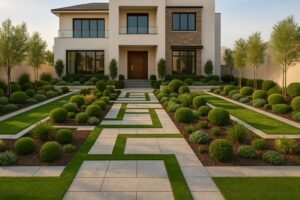 حديقة فاخرة بتصميم هندسي أمام منزل راقٍ