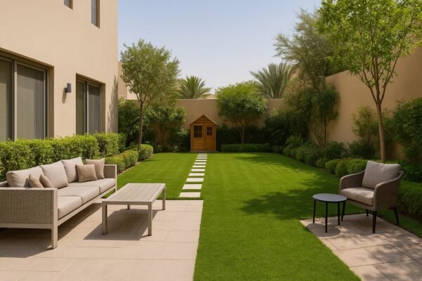 حديقة فيلا بالمسايل مقسمة لجلسة ومساحة لعب وركن هادئ