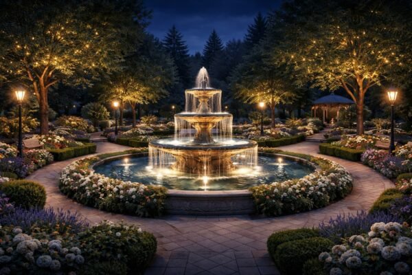 حديقة منسقة ليلاً مع نافورة مضاءة