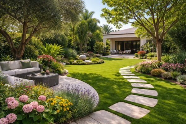 حديقة منزلية مع نباتات متنوعة وتوزيع جيد للأشجار