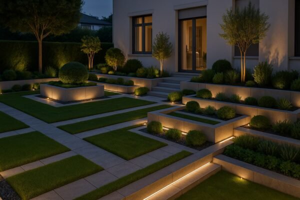 حديقة فاخرة ذات مستويات ارتفاع مختلفة مع إضاءة خارجية هادئة