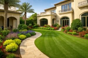 شركة تنسيق حدائق قرطبة حديقة منزلية جميلة أمام فيلا فاخرة