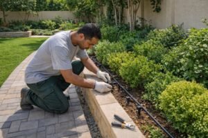 فني صيانة يفحص نقاط التنقيط داخل أحواض مرتفعة مع ممرات نظيفة