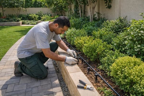فني صيانة يفحص نقاط التنقيط داخل أحواض مرتفعة مع ممرات نظيفة