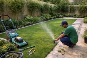 مشهد صيانة دوري لحديقة منزلية مع فحص رشاشات الري وقص الثيل