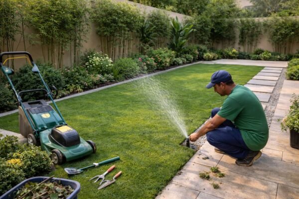 مشهد صيانة دوري لحديقة منزلية مع فحص رشاشات الري وقص الثيل