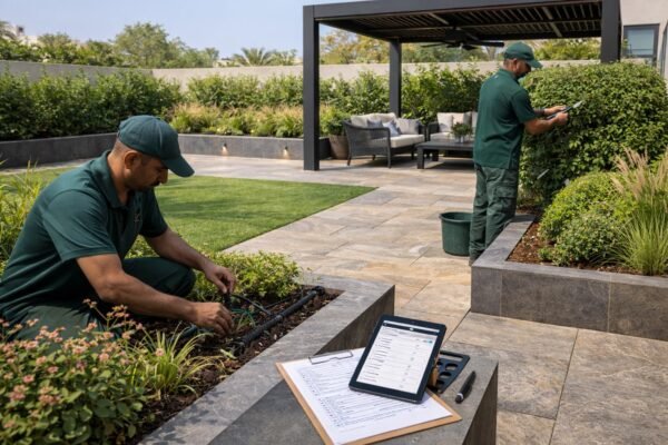 صيانة حديقة فيلا ببنيدر مع فحص التنقيط وتقليم الشجيرات