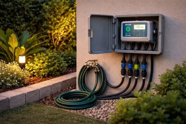 لوحة تحكم ري ذكية في حديقة بيان مع خراطيم منظمة