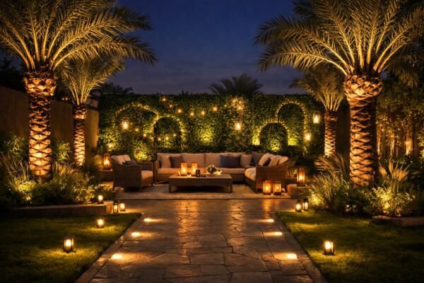 حديقة مسائية في أمغرة بإضاءة طبقية وجلسة خارجية
