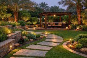 حديقة حديثة في المسيلة بممرات حجرية وجلسة برجولة