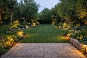 مساحة خضراء واسعة بحديقة منزلية مع مسار واضح وإضاءة محيطية