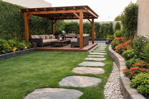 حديقة منزلية منسقة في أمغرة مع جلسة مظللة وممر حجري
