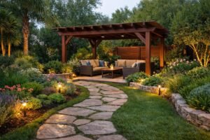 حديقة منزلية طبيعية بممشى حجري وجلسة مظللة ببرجولة