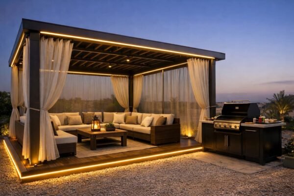 جلسة خارجية أنيقة في أمغرة ببرجولة عصرية