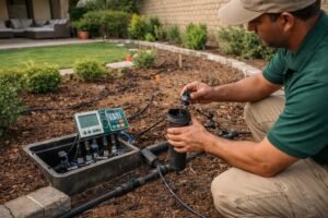 فني صيانة يفحص فلتر الري وينظف نقاطات التنقيط بحديقة بالشعيبة