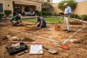 فريق يعاين حديقة في الشعيبة ويحدد مناطق الجلسات والزراعة