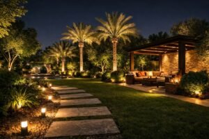 تصميم إضاءة حدائق بالكويت بممر حجري وجلسة ليلية