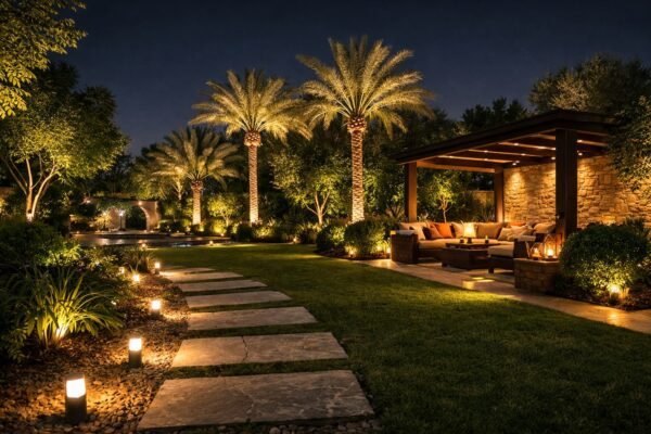 تصميم إضاءة حدائق بالكويت بممر حجري وجلسة ليلية