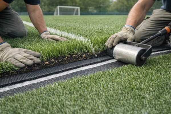 وصلة احترافية في العشب الصناعي للملاعب بشريط وصل ورول ضغط