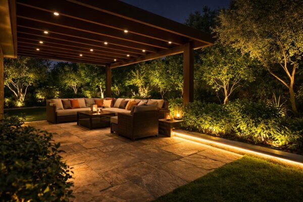 جلسة خارجية ببرجولا مضاءة في حديقة بالكويت