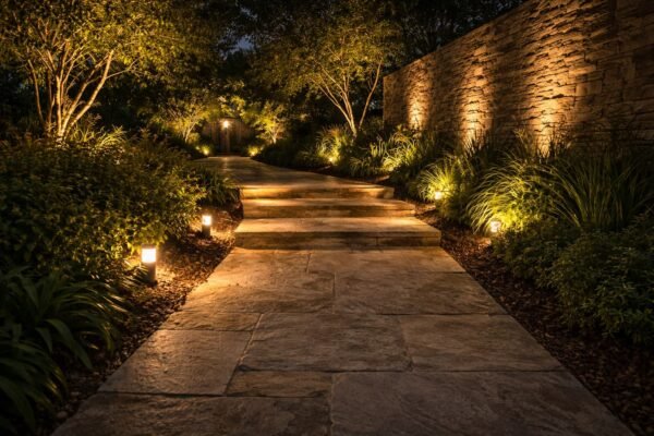 ممر حجري ودرجات بإضاءة حواف في حديقة بالكويت