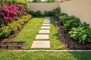 نباتات زينة بحديقة منزلية بالكويت مقسمة شمس وظل مع ري بالتنقيط