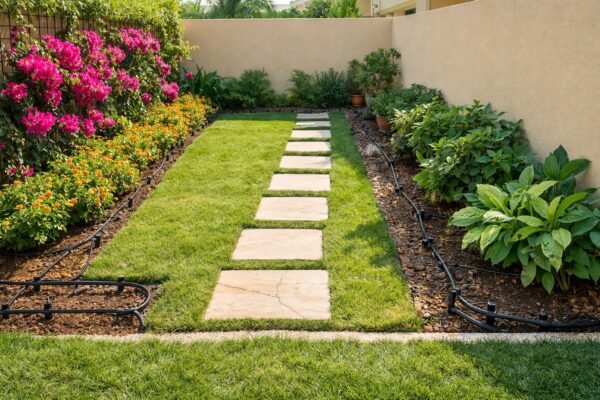 نباتات زينة بحديقة منزلية بالكويت مقسمة شمس وظل مع ري بالتنقيط