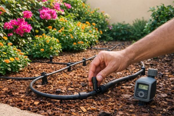 يد فني يضبط نقاط تنقيط في حوض زراعة بحديقة كويتية