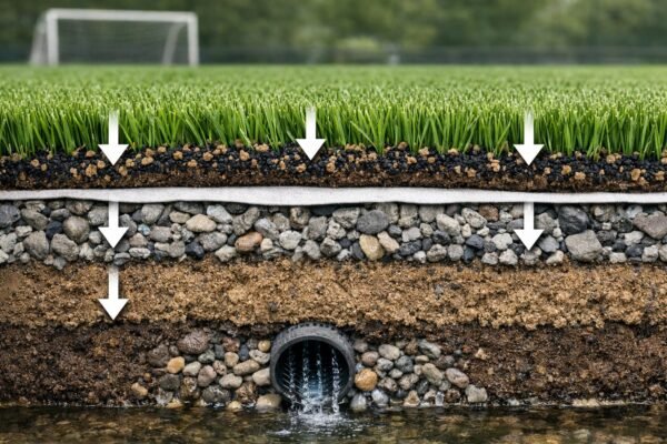 مقطع طبقات العشب الصناعي للملاعب مع الحشو والتصريف